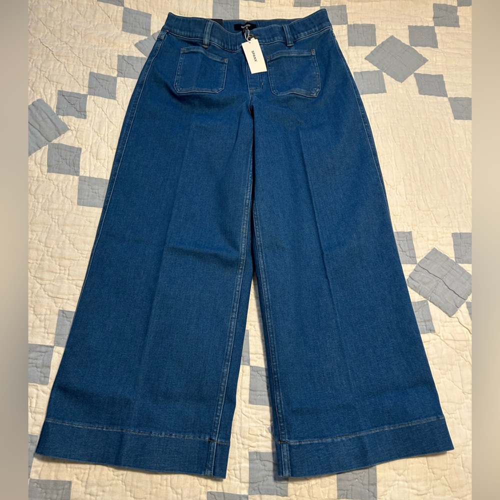 SPANX Cropped Wide Leg Jeans with Patch Pockets, Washed Blue